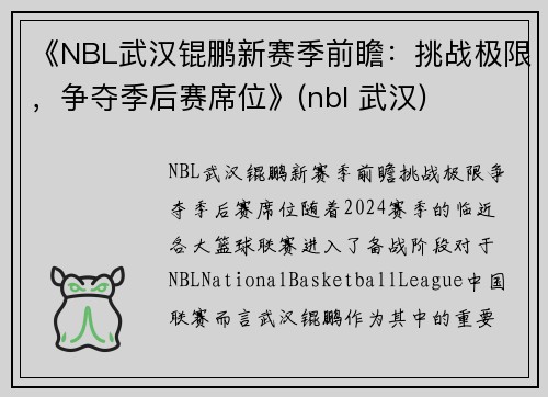《NBL武汉锟鹏新赛季前瞻：挑战极限，争夺季后赛席位》(nbl 武汉)