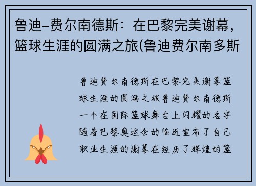 鲁迪-费尔南德斯：在巴黎完美谢幕，篮球生涯的圆满之旅(鲁迪费尔南多斯)