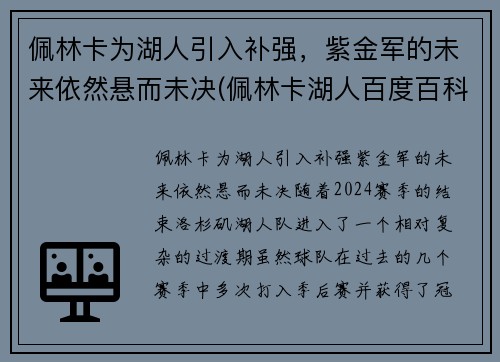 佩林卡为湖人引入补强，紫金军的未来依然悬而未决(佩林卡湖人百度百科)