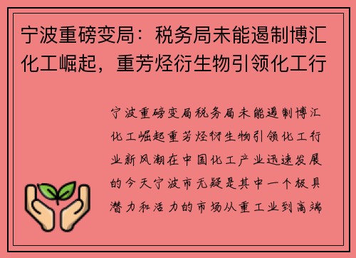 宁波重磅变局：税务局未能遏制博汇化工崛起，重芳烃衍生物引领化工行业新风潮