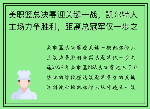 美职篮总决赛迎关键一战，凯尔特人主场力争胜利，距离总冠军仅一步之遥