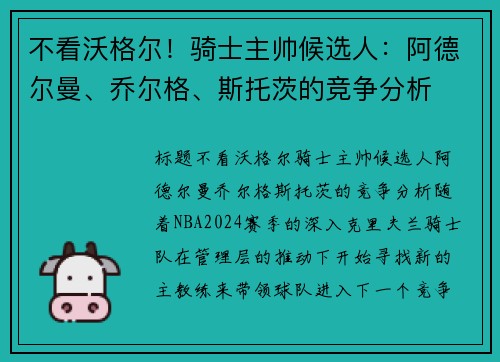 不看沃格尔！骑士主帅候选人：阿德尔曼、乔尔格、斯托茨的竞争分析