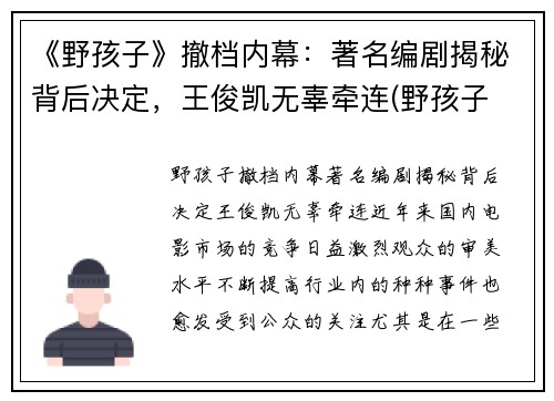 《野孩子》撤档内幕：著名编剧揭秘背后决定，王俊凯无辜牵连(野孩子 剧照)