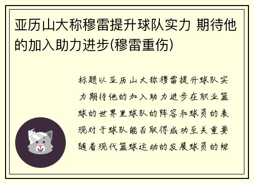 亚历山大称穆雷提升球队实力 期待他的加入助力进步(穆雷重伤)